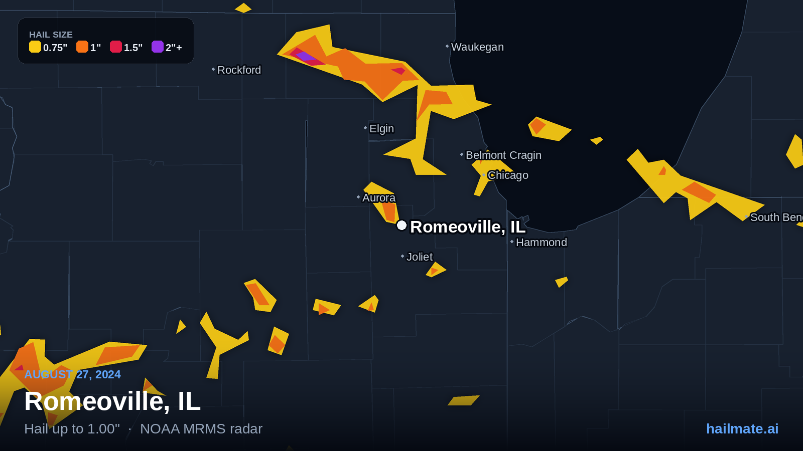 Hail swath map for Romeoville, IL on August 27, 2024 showing 1.00 inch hail.