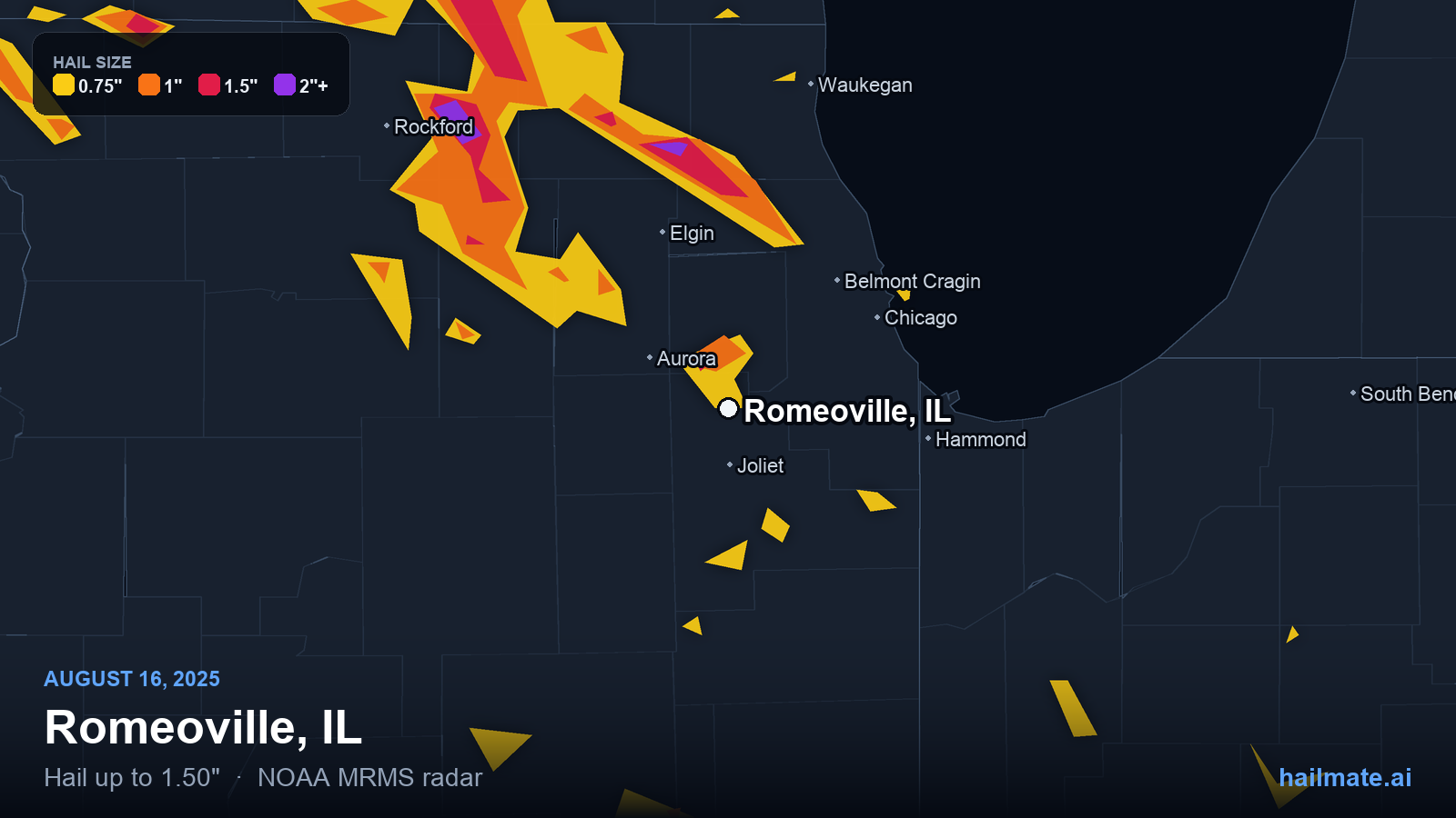 Hail swath map for Romeoville, IL on August 16, 2025 showing 1.50 inch hail.