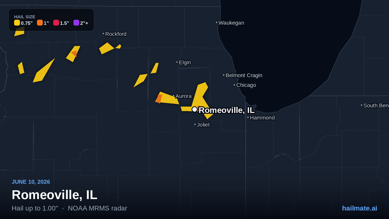 Hail swath map for Romeoville, IL on June 10, 2026 showing 1.00 inch hail.