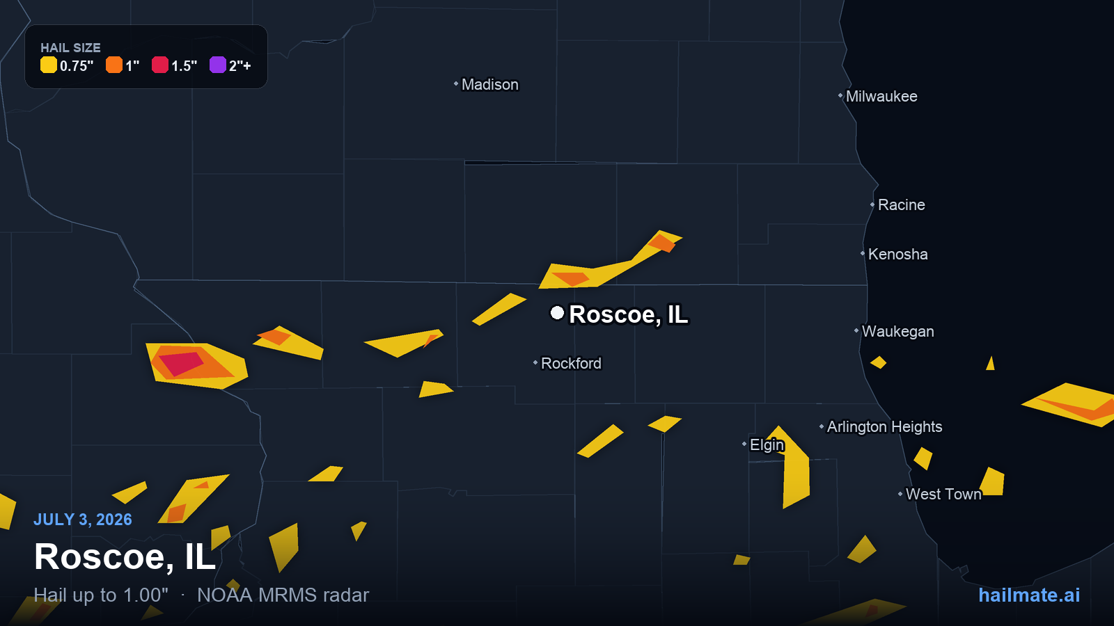 Hail swath map for Roscoe, IL on July 3, 2026 showing 1.00 inch hail.