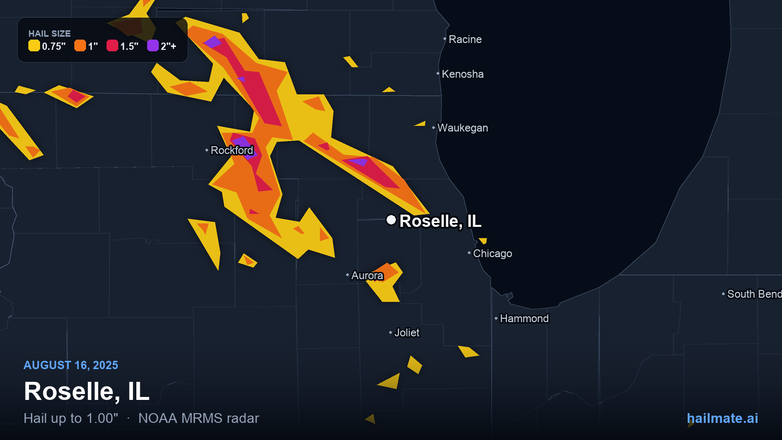 Hail swath map for Roselle, IL on August 16, 2025 showing 1.00 inch hail.