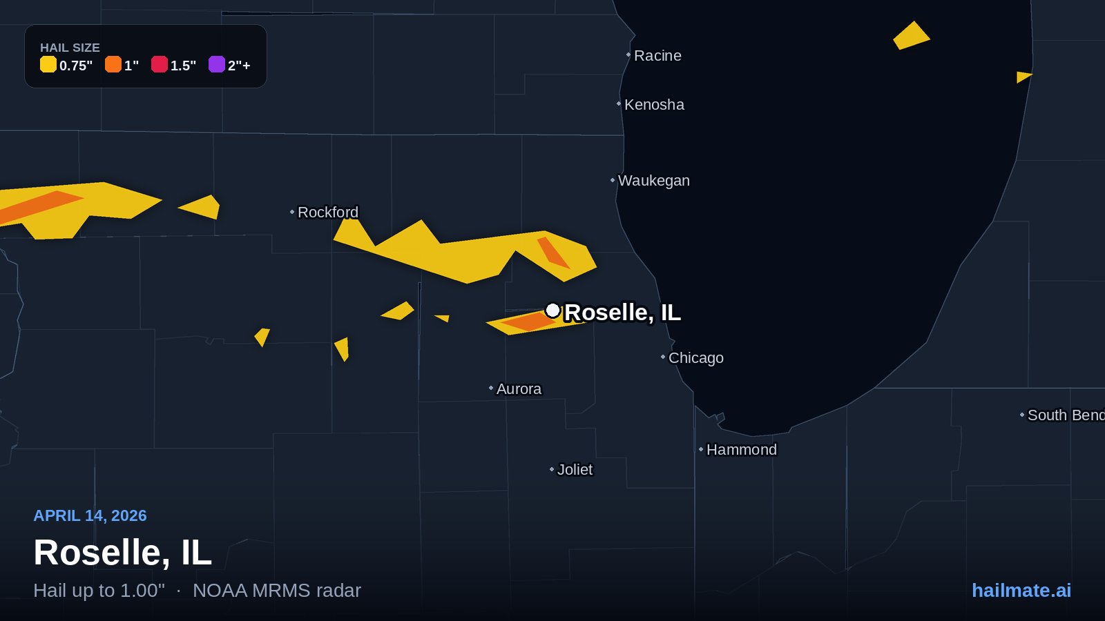 Hail swath map for Roselle, IL on April 14, 2026 showing 1.00 inch hail.