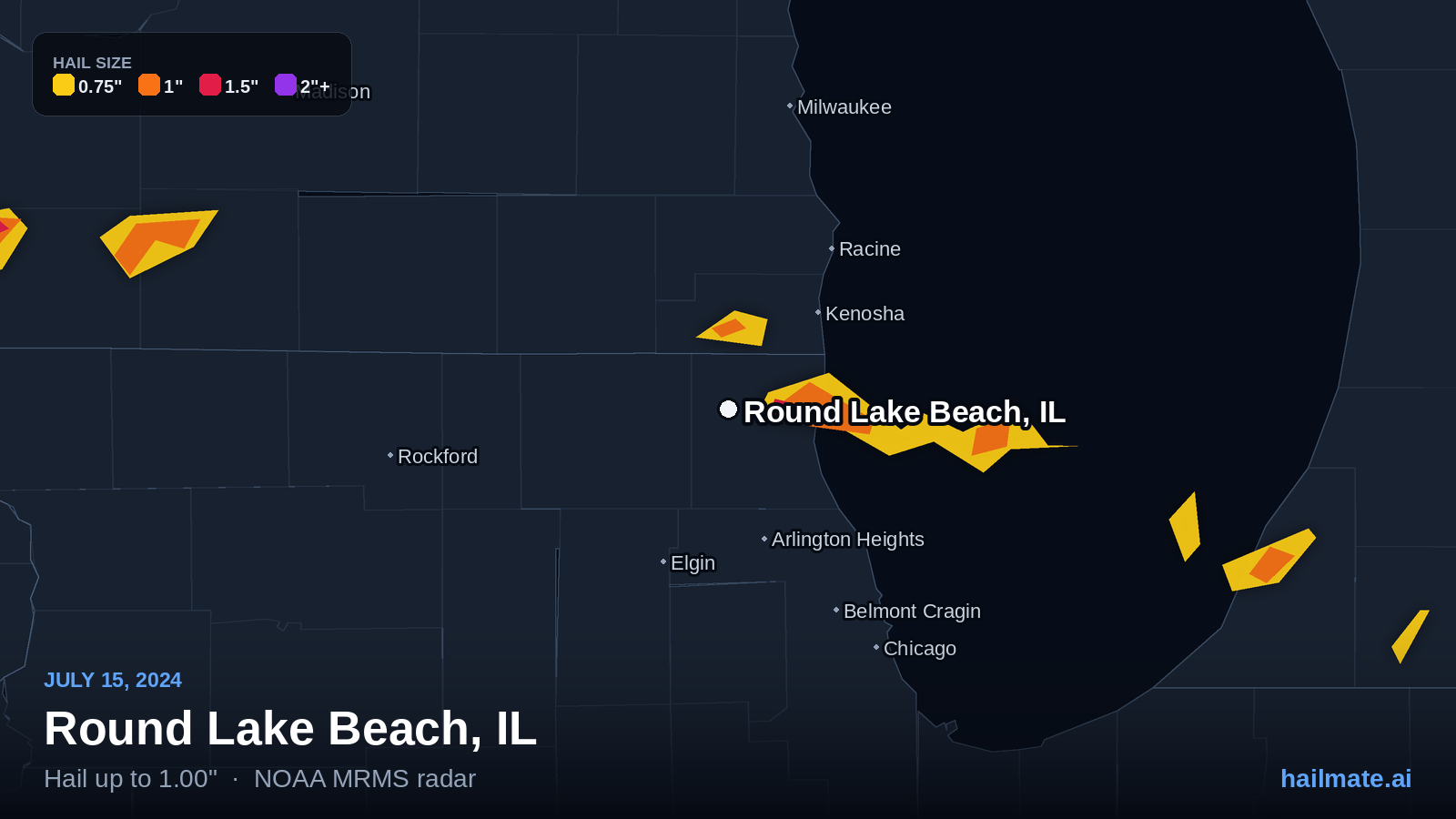 Hail swath map for Round Lake Beach, IL on July 15, 2024 showing 1.00 inch hail.