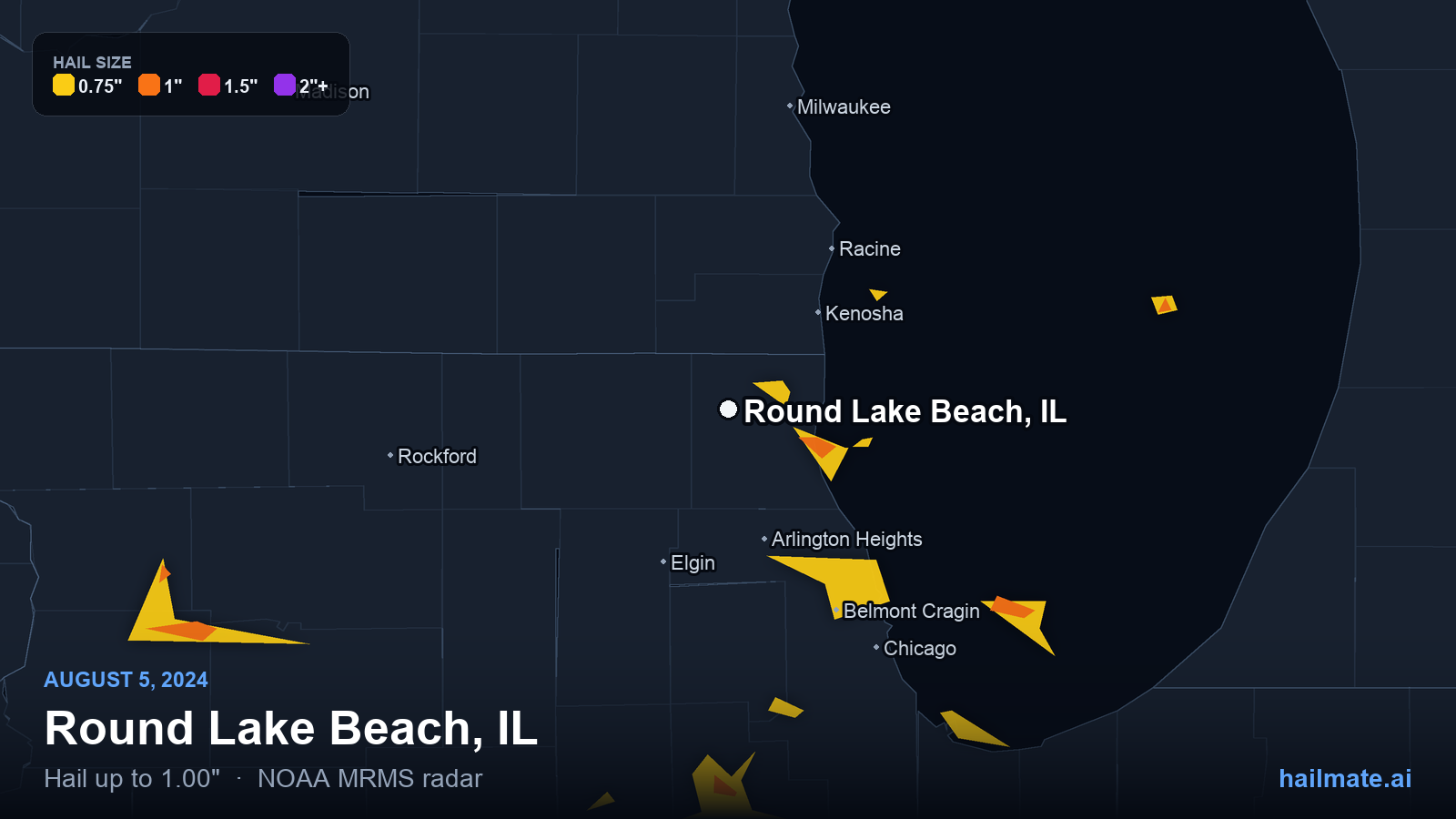 Hail swath map for Round Lake Beach, IL on August 5, 2024 showing 1.00 inch hail.