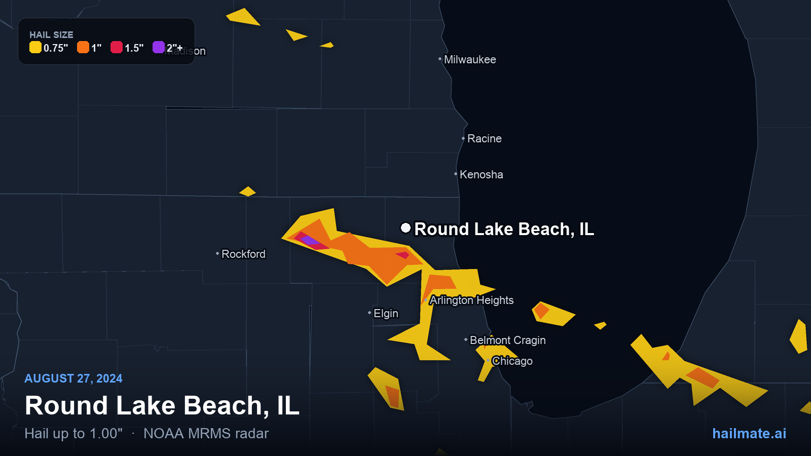 Hail swath map for Round Lake Beach, IL on August 27, 2024 showing 1.00 inch hail.
