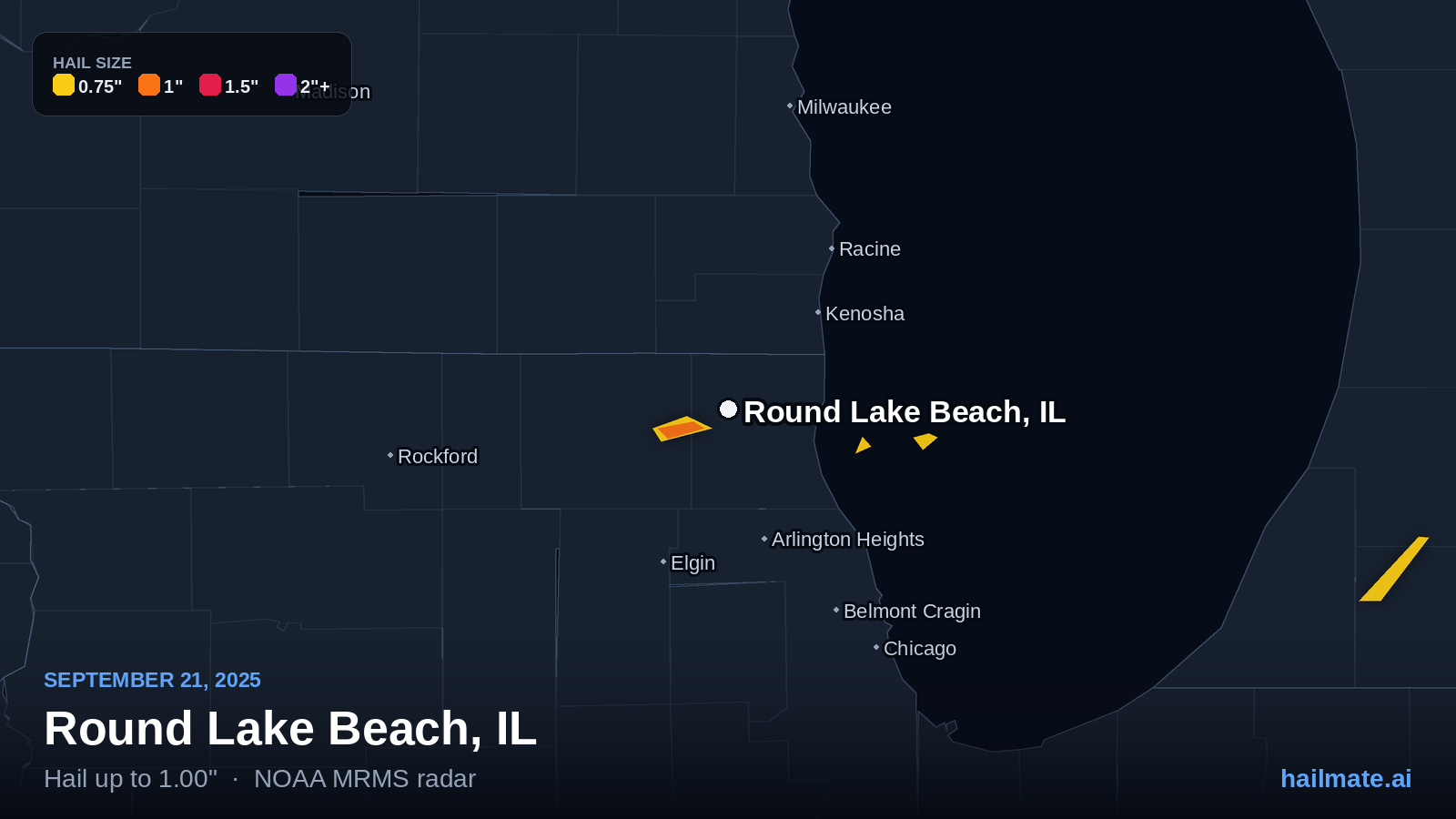 Hail swath map for Round Lake Beach, IL on September 21, 2025 showing 1.00 inch hail.