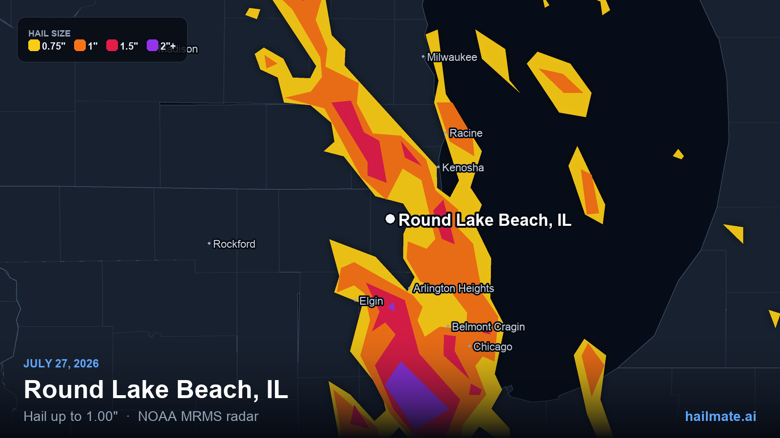 Hail swath map for Round Lake Beach, IL on July 27, 2026 showing 1.00 inch hail.