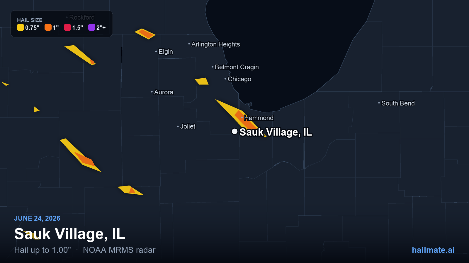 Hail swath map for Sauk Village, IL on June 24, 2026 showing 1.00 inch hail.