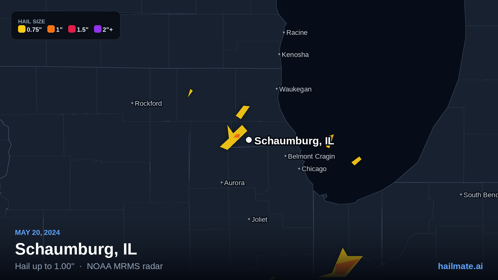 Hail swath map for Schaumburg, IL on May 20, 2024 showing 1.00 inch hail.