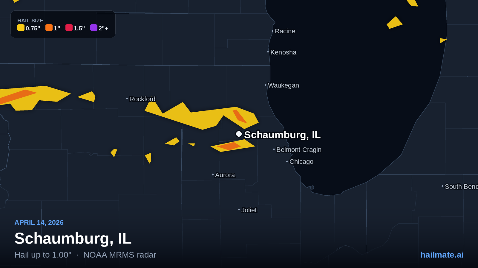 Hail swath map for Schaumburg, IL on April 14, 2026 showing 1.00 inch hail.