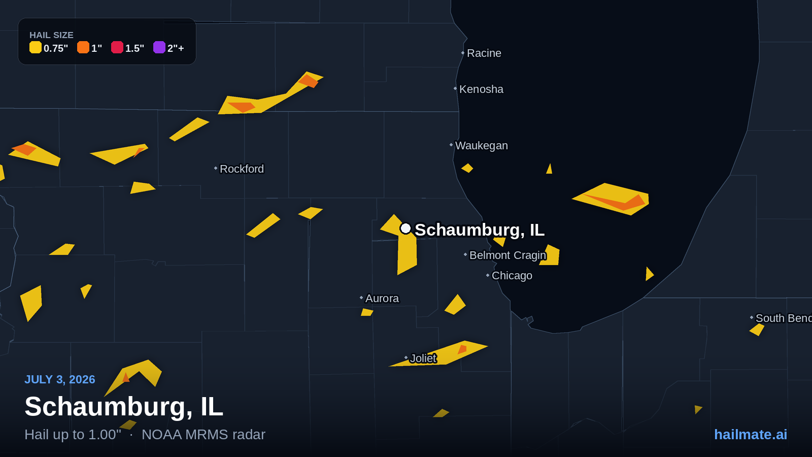 Hail swath map for Schaumburg, IL on July 3, 2026 showing 1.00 inch hail.