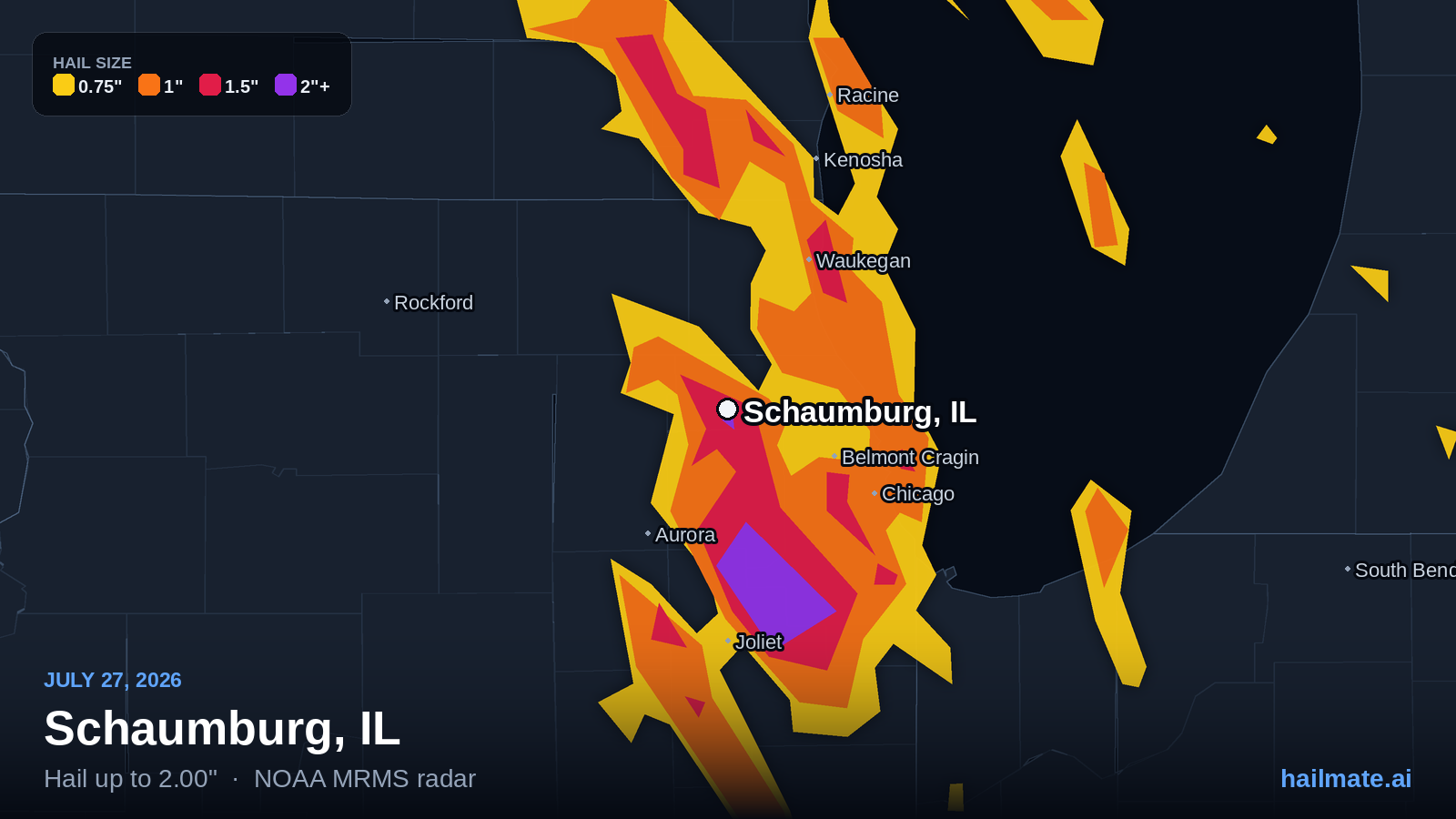 Hail swath map for Schaumburg, IL on July 27, 2026 showing 2.00 inch hail.