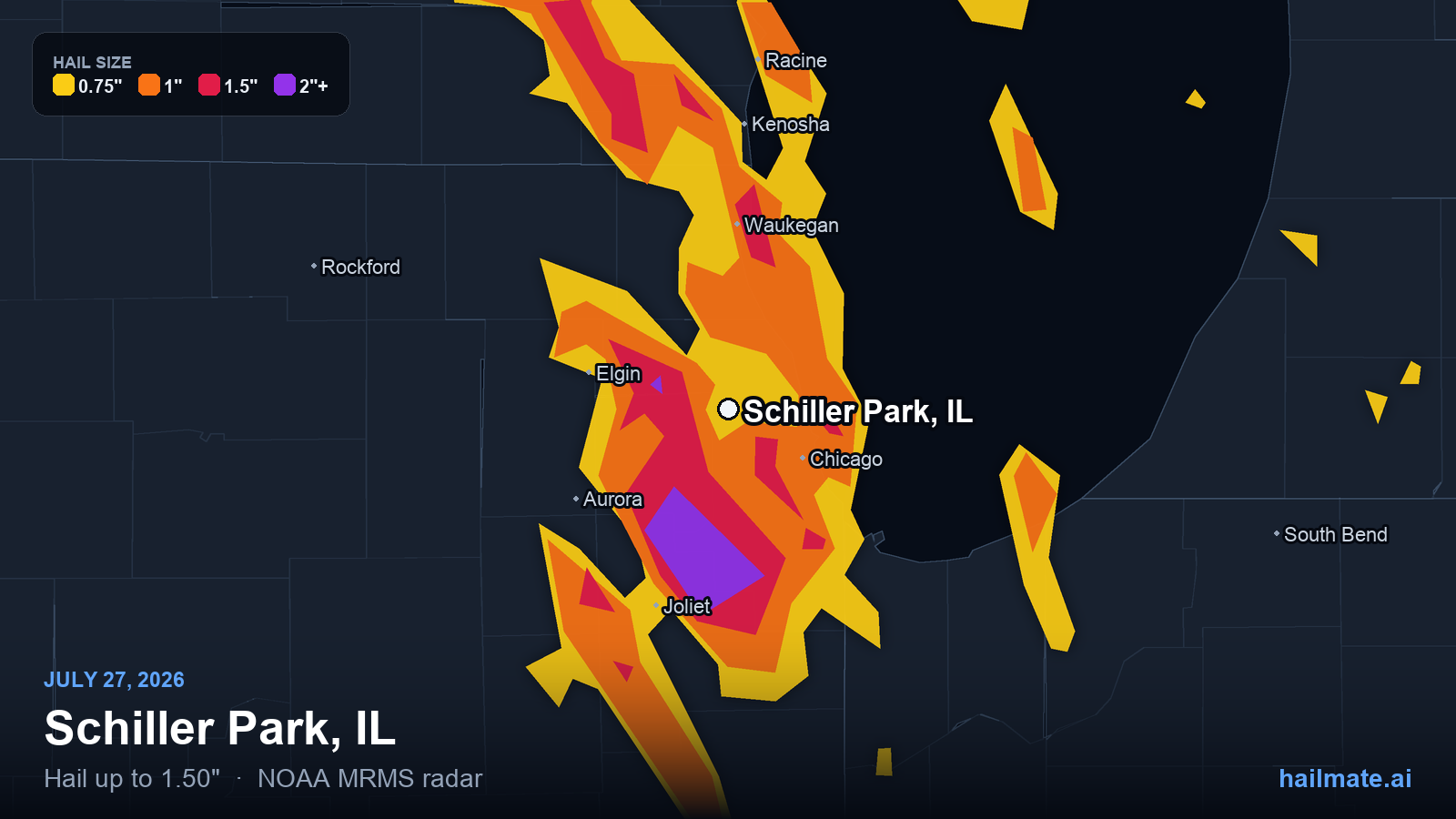 Hail swath map for Schiller Park, IL on July 27, 2026 showing 1.50 inch hail.