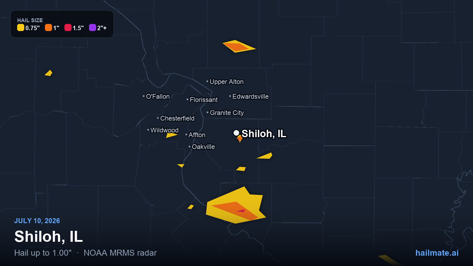 Hail swath map for Shiloh, IL on July 10, 2026 showing 1.00 inch hail.