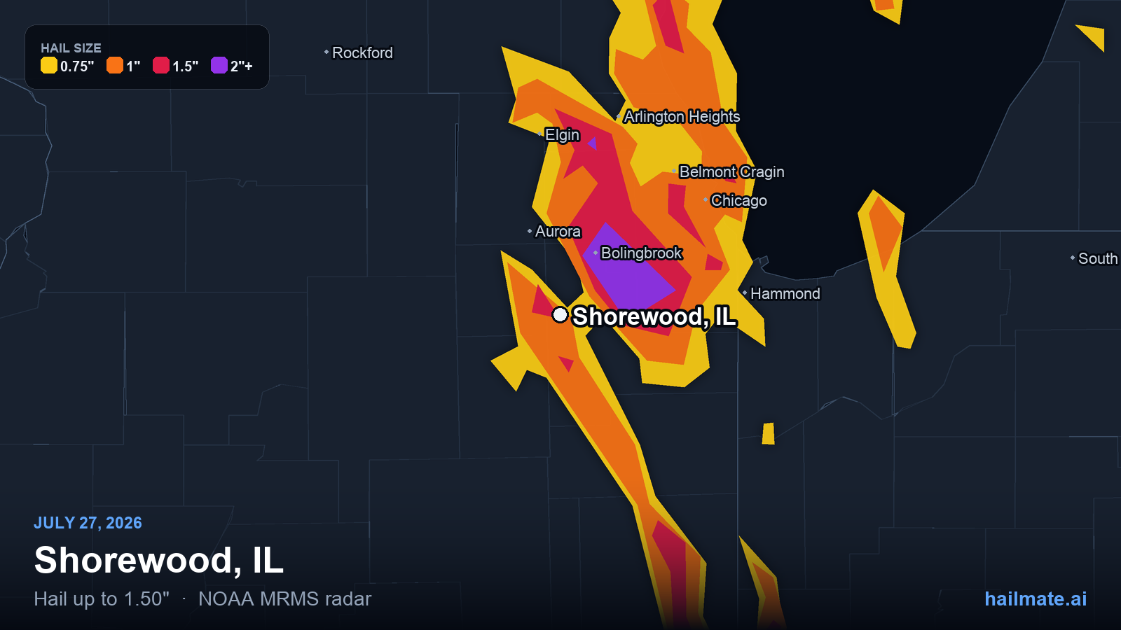 Hail swath map for Shorewood, IL on July 27, 2026 showing 1.50 inch hail.