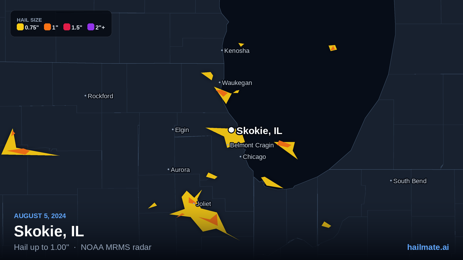 Hail swath map for Skokie, IL on August 5, 2024 showing 1.00 inch hail.