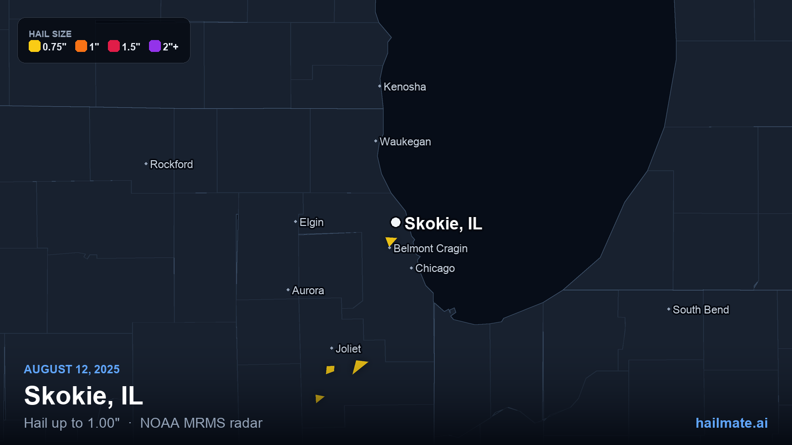 Hail swath map for Skokie, IL on August 12, 2025 showing 1.00 inch hail.