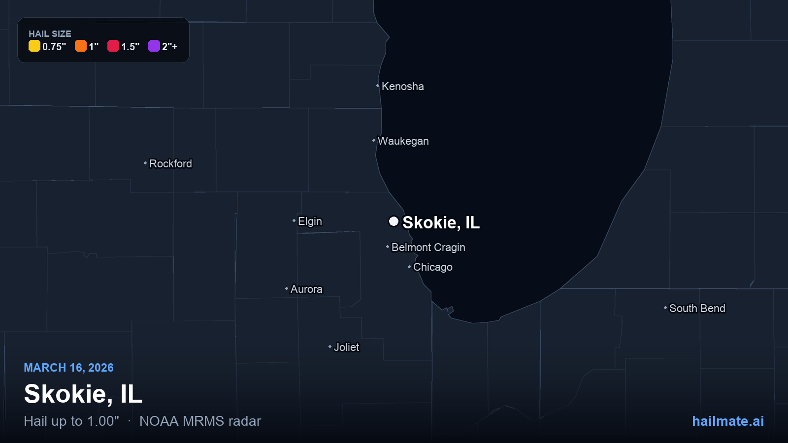 Hail swath map for Skokie, IL on March 16, 2026 showing 1.00 inch hail.