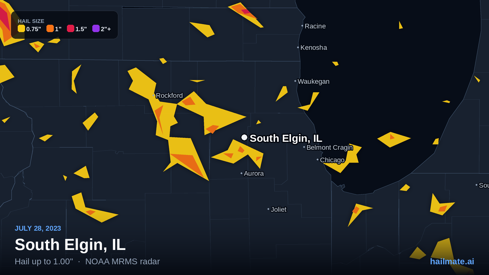 Hail swath map for South Elgin, IL on July 28, 2023 showing 1.00 inch hail.