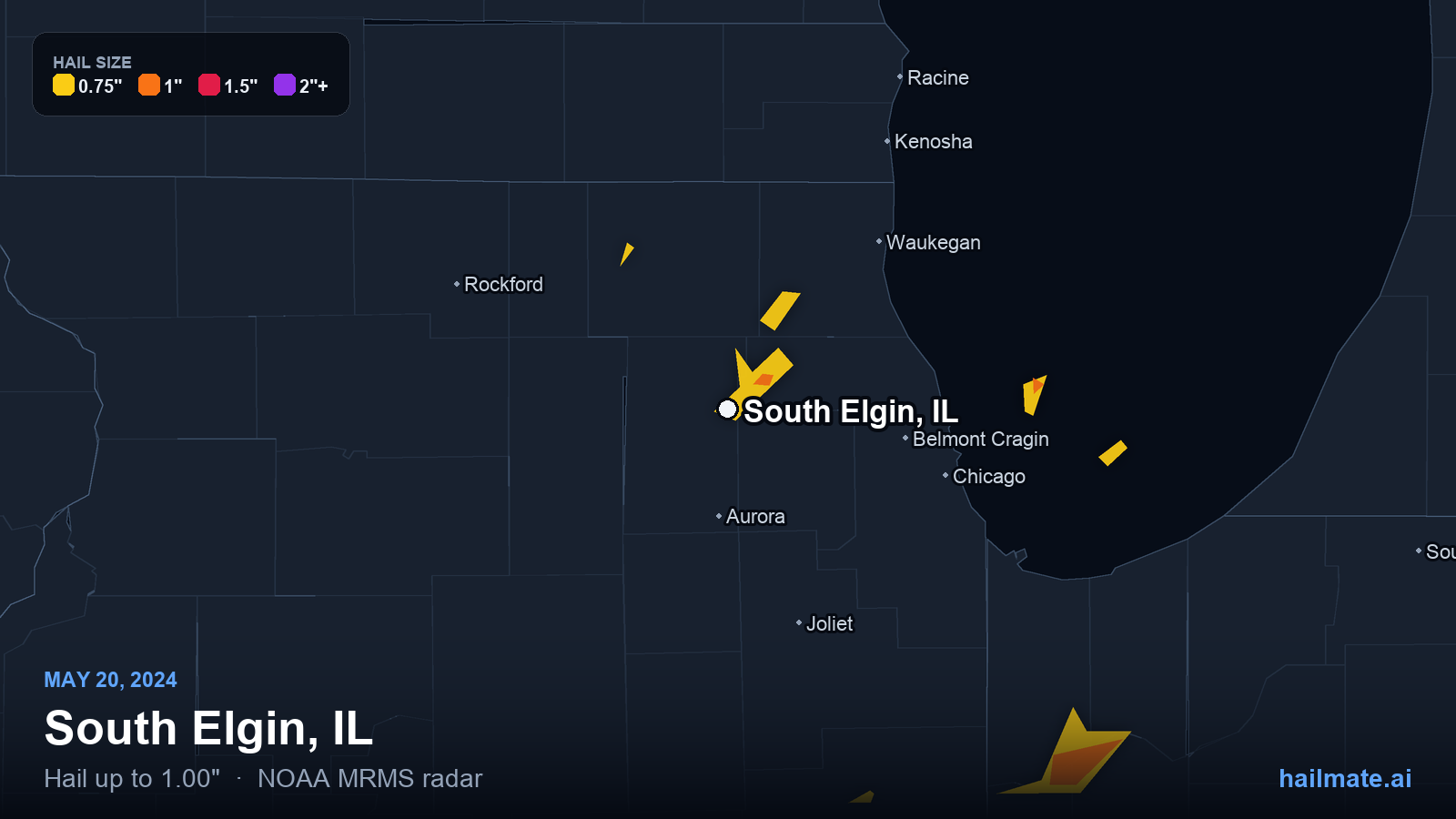 Hail swath map for South Elgin, IL on May 20, 2024 showing 1.00 inch hail.