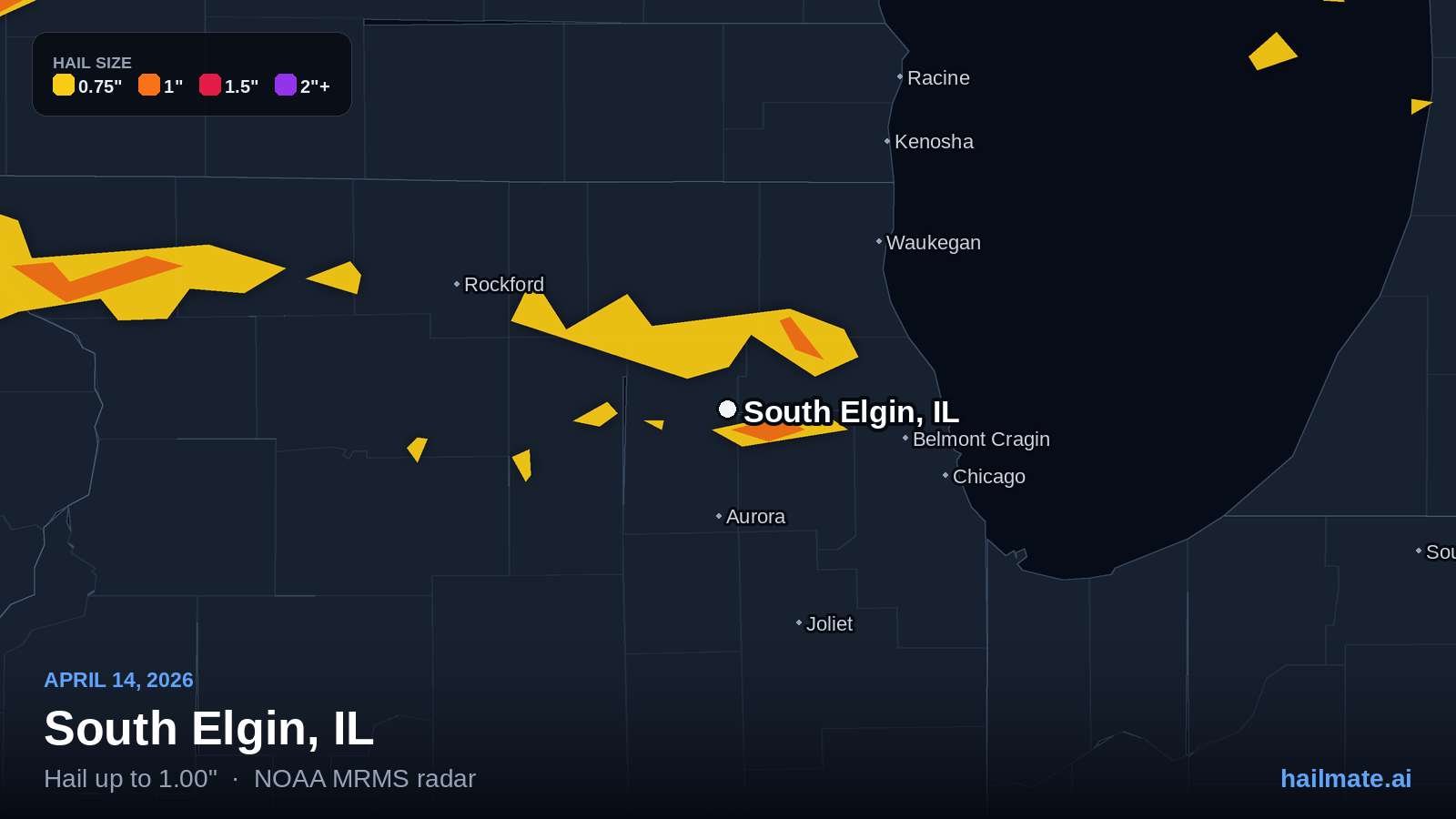 Hail swath map for South Elgin, IL on April 14, 2026 showing 1.00 inch hail.
