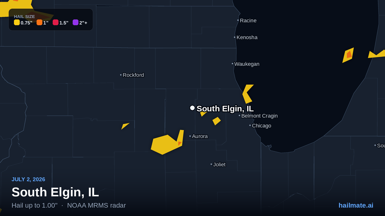 Hail swath map for South Elgin, IL on July 2, 2026 showing 1.00 inch hail.
