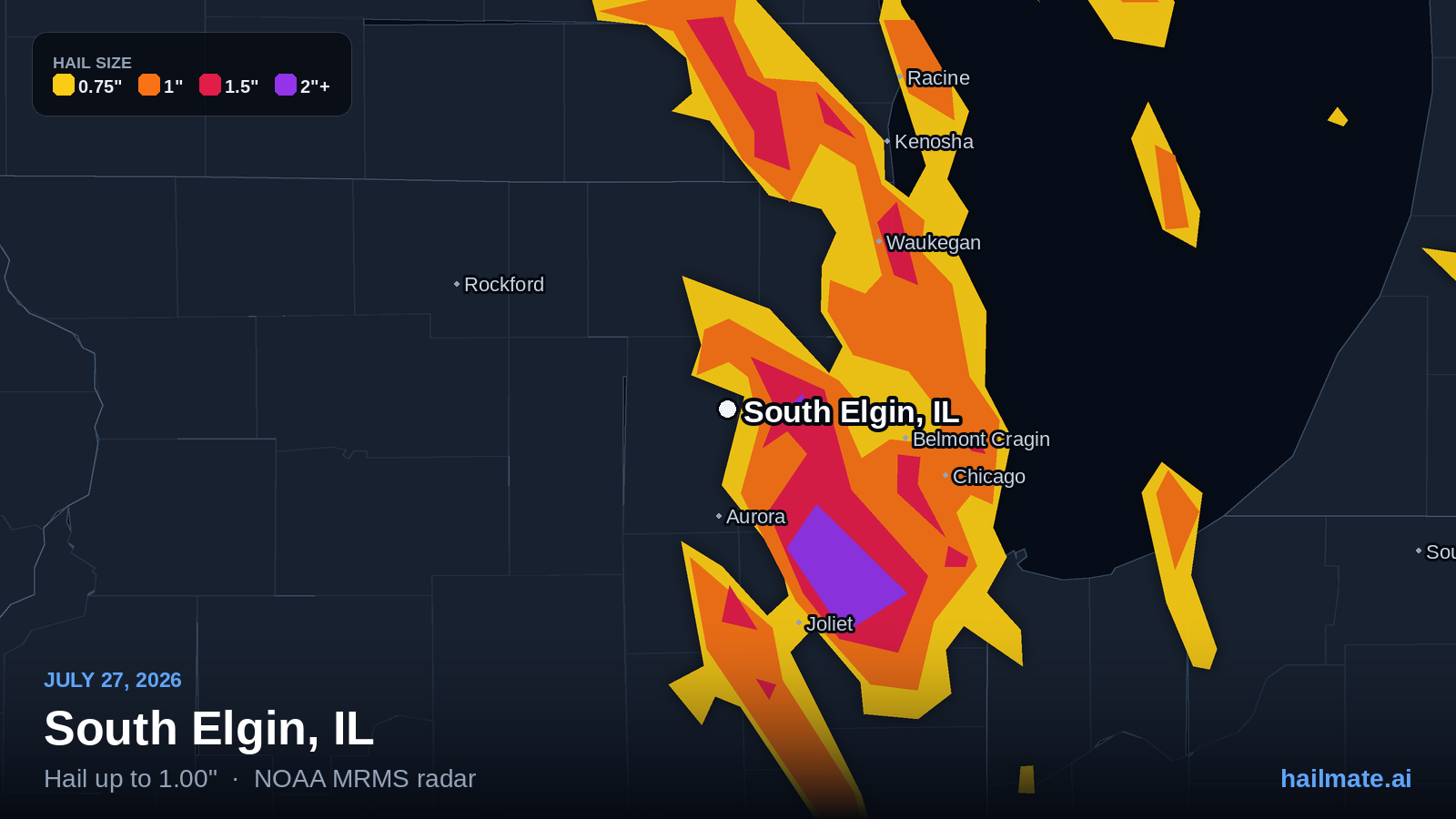 Hail swath map for South Elgin, IL on July 27, 2026 showing 1.00 inch hail.