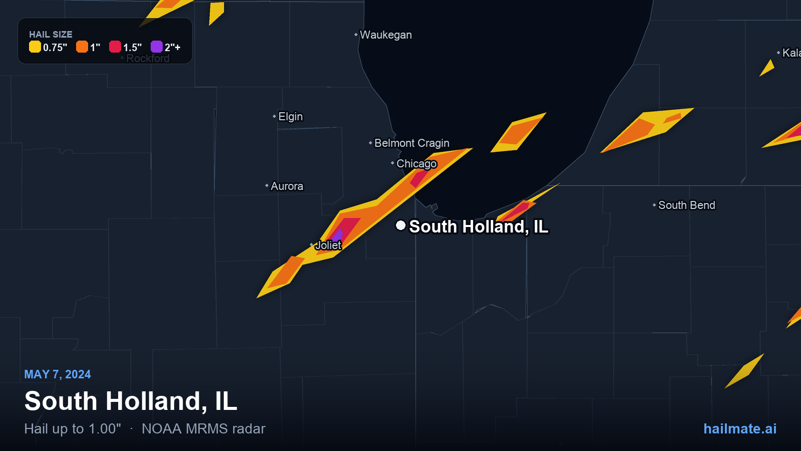 Hail swath map for South Holland, IL on May 7, 2024 showing 1.00 inch hail.