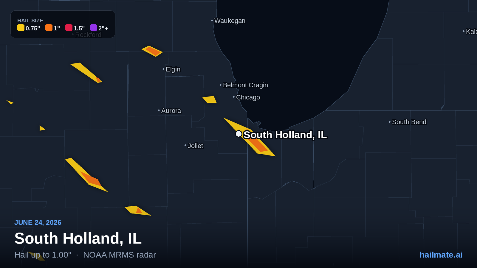 Hail swath map for South Holland, IL on June 24, 2026 showing 1.00 inch hail.