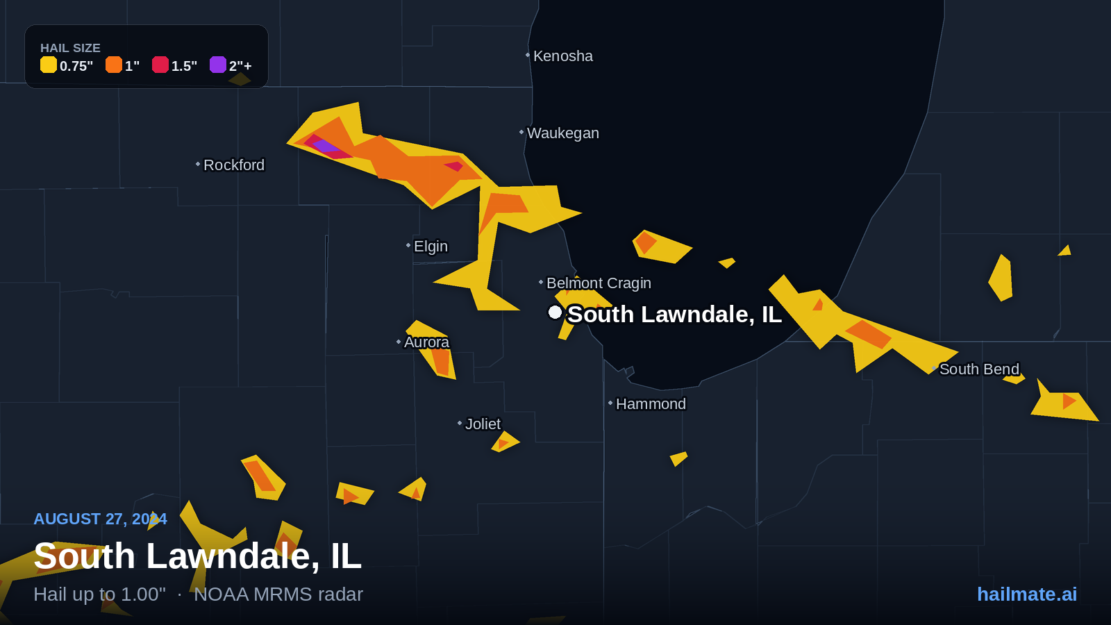 Hail swath map for South Lawndale, IL on August 27, 2024 showing 1.00 inch hail.