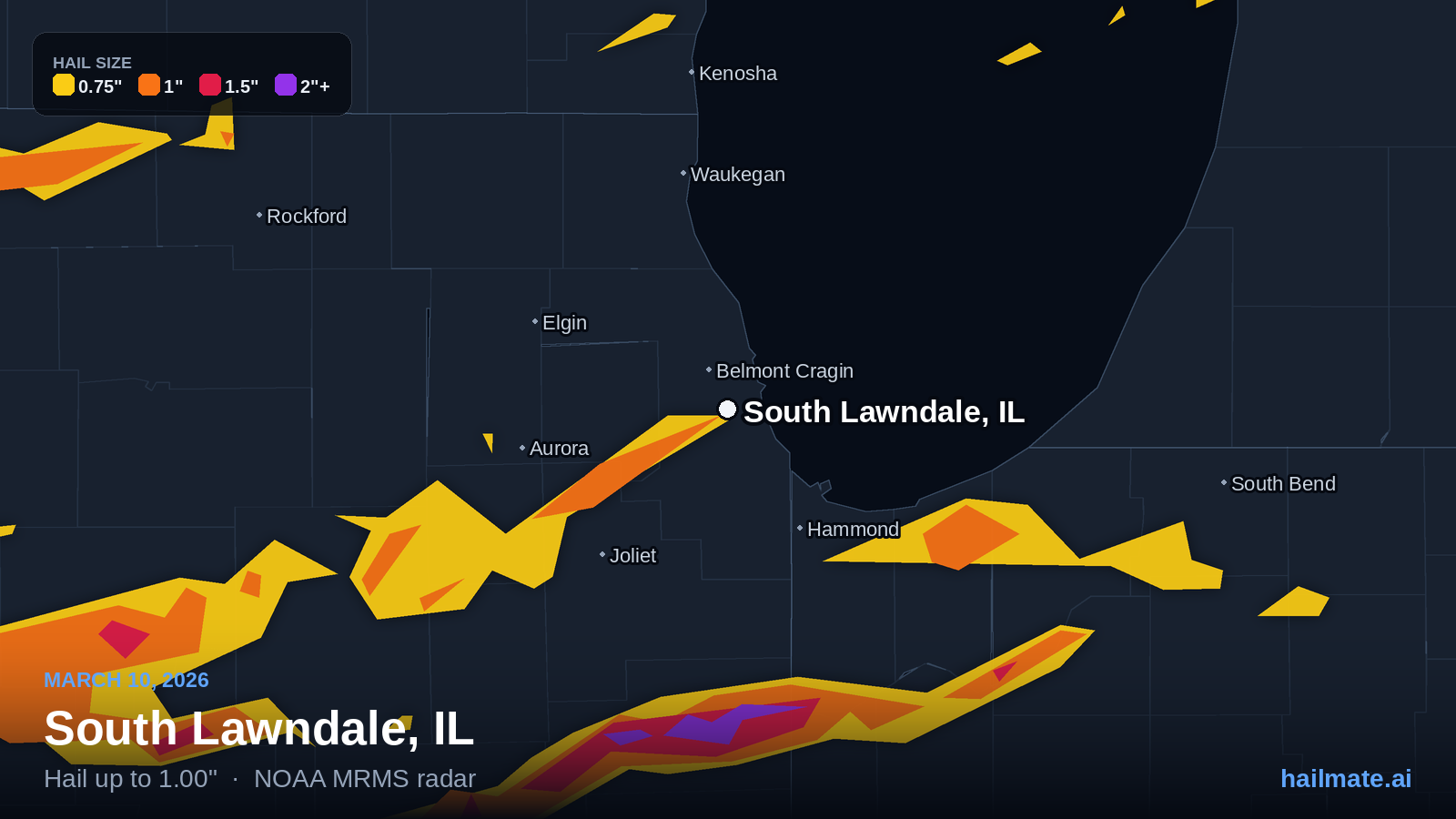 Hail swath map for South Lawndale, IL on March 10, 2026 showing 1.00 inch hail.