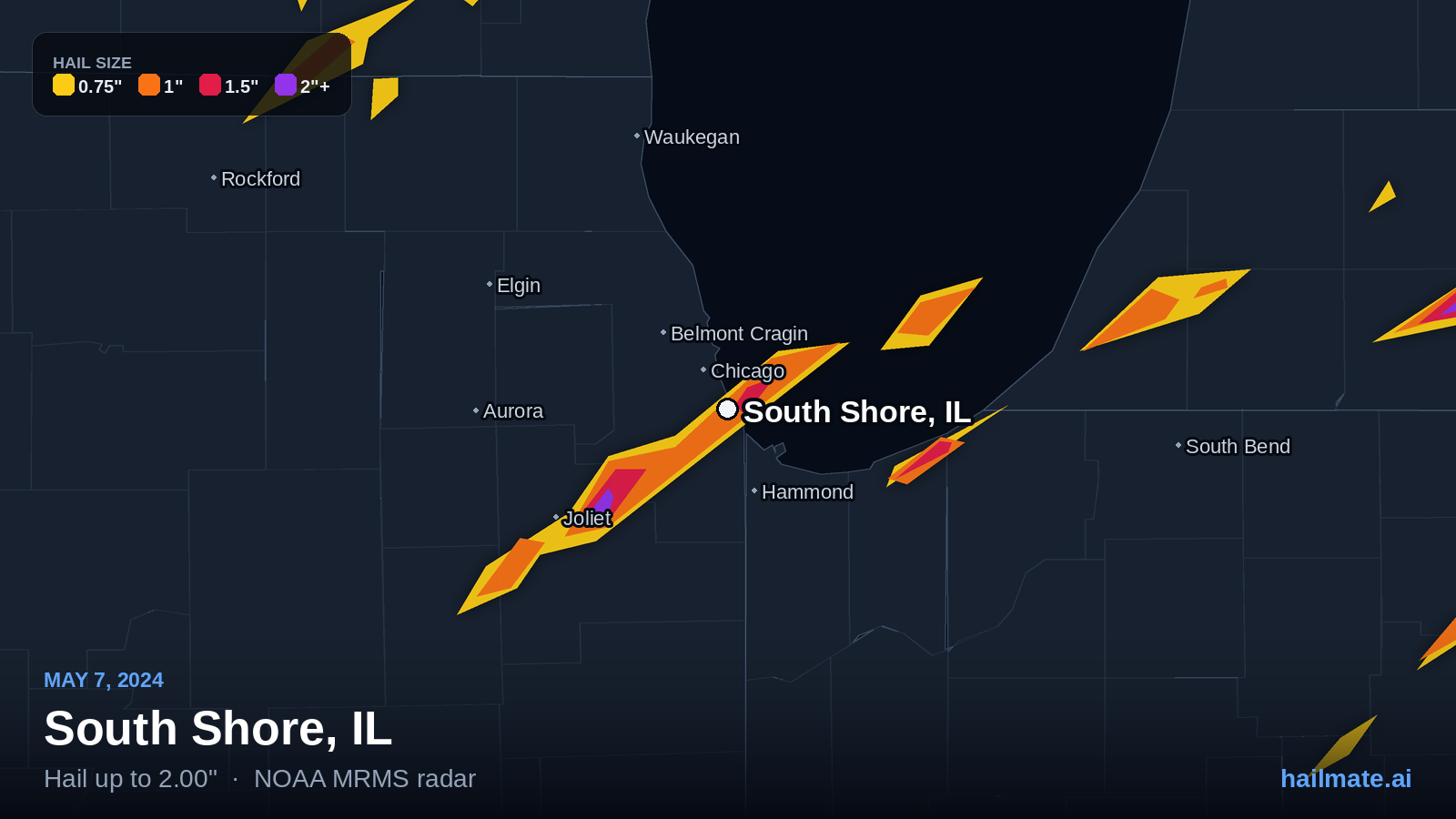 Hail swath map for South Shore, IL on May 7, 2024 showing 2.00 inch hail.