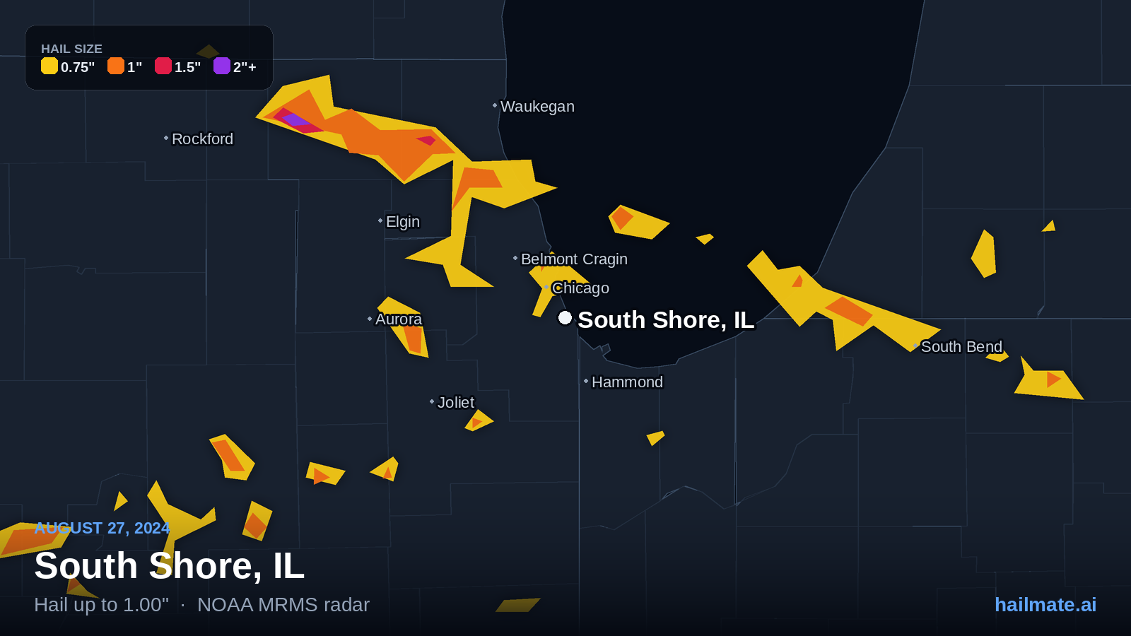 Hail swath map for South Shore, IL on August 27, 2024 showing 1.00 inch hail.
