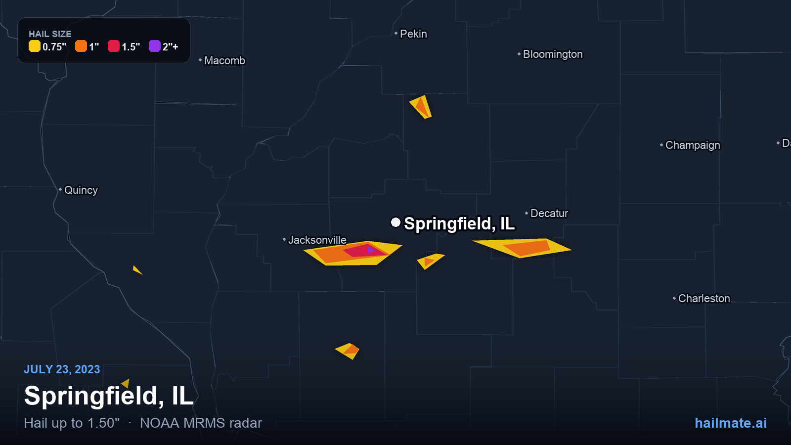 Hail swath map for Springfield, IL on July 23, 2023 showing 1.50 inch hail.