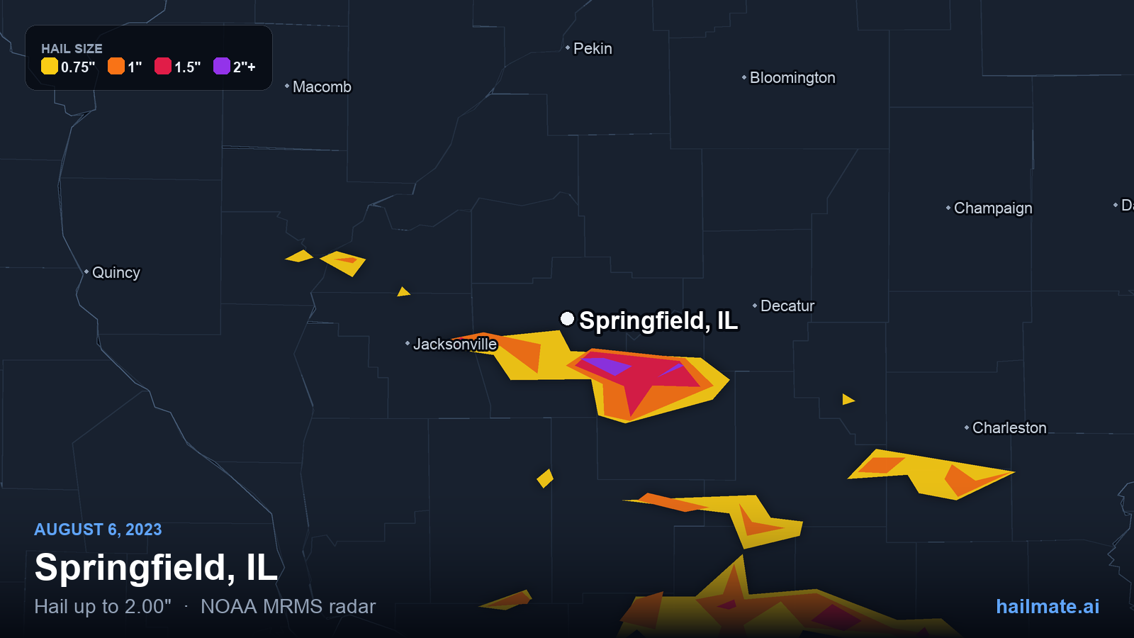 Hail swath map for Springfield, IL on August 6, 2023 showing 2.00 inch hail.