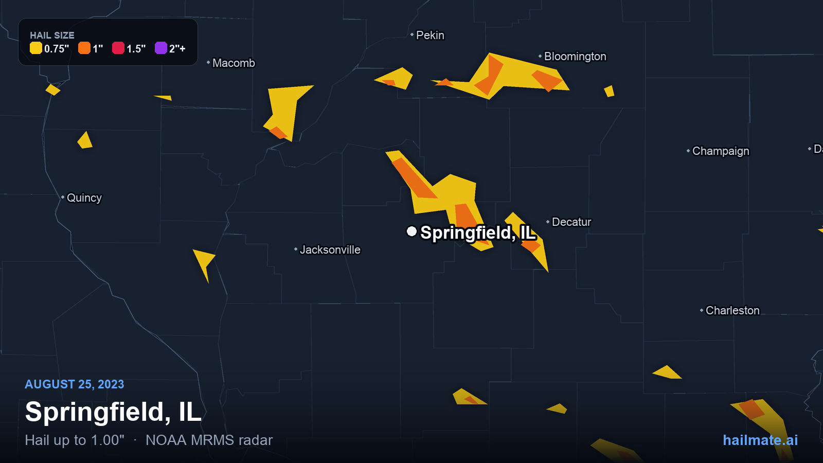 Hail swath map for Springfield, IL on August 25, 2023 showing 1.00 inch hail.