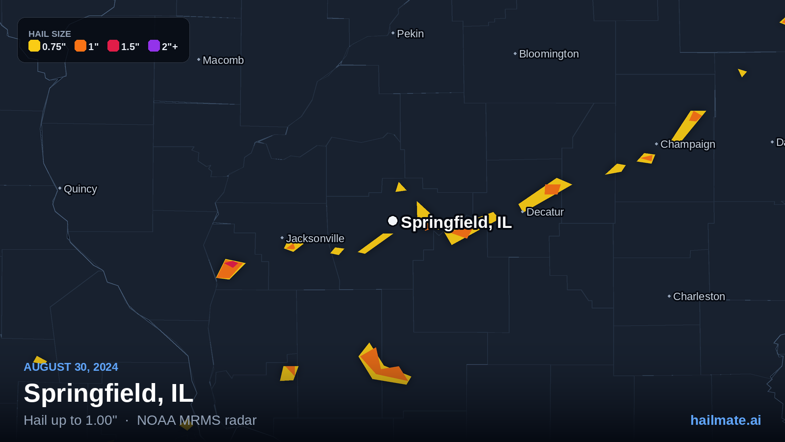 Hail swath map for Springfield, IL on August 30, 2024 showing 1.00 inch hail.