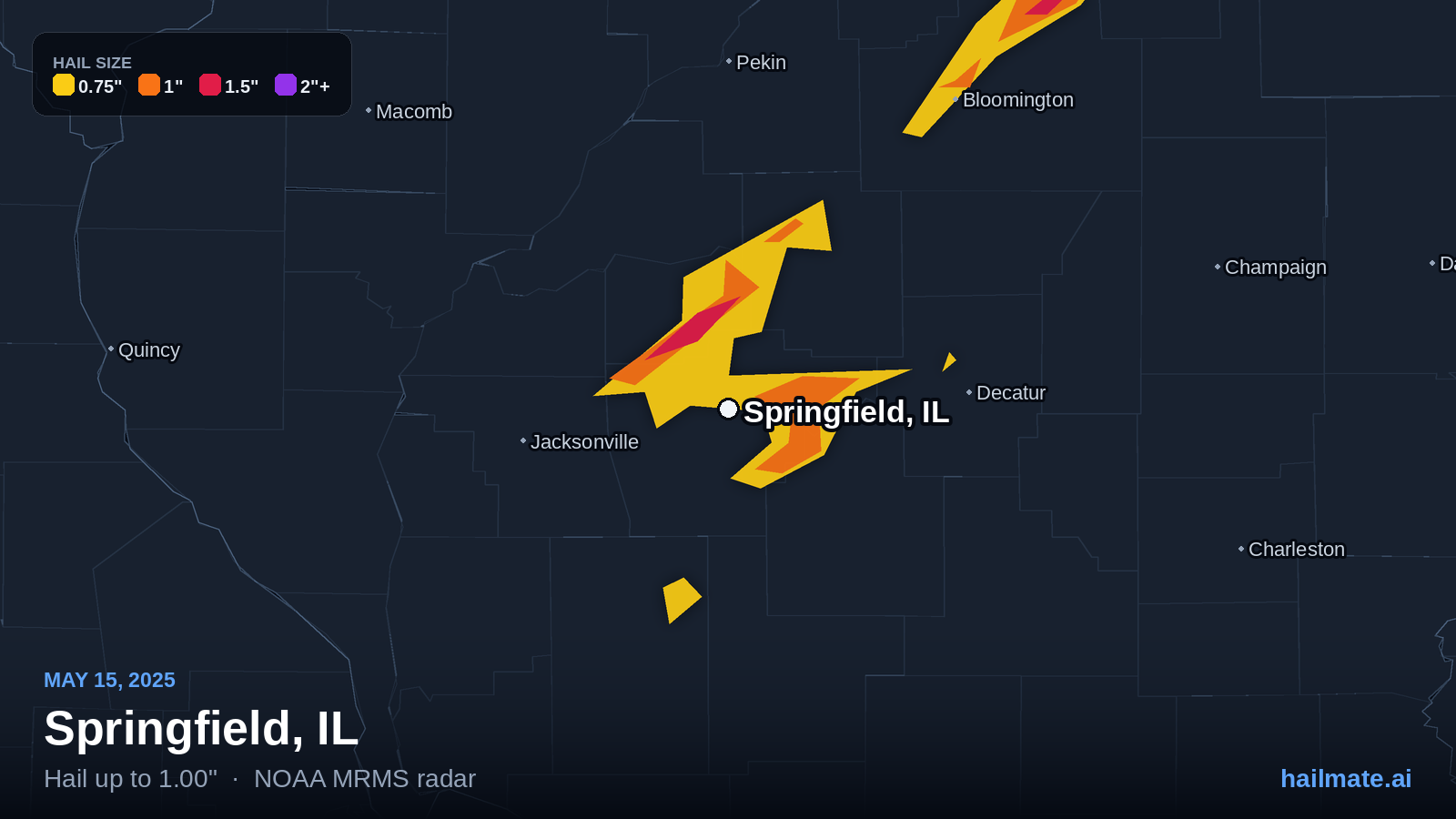 Hail swath map for Springfield, IL on May 15, 2025 showing 1.00 inch hail.