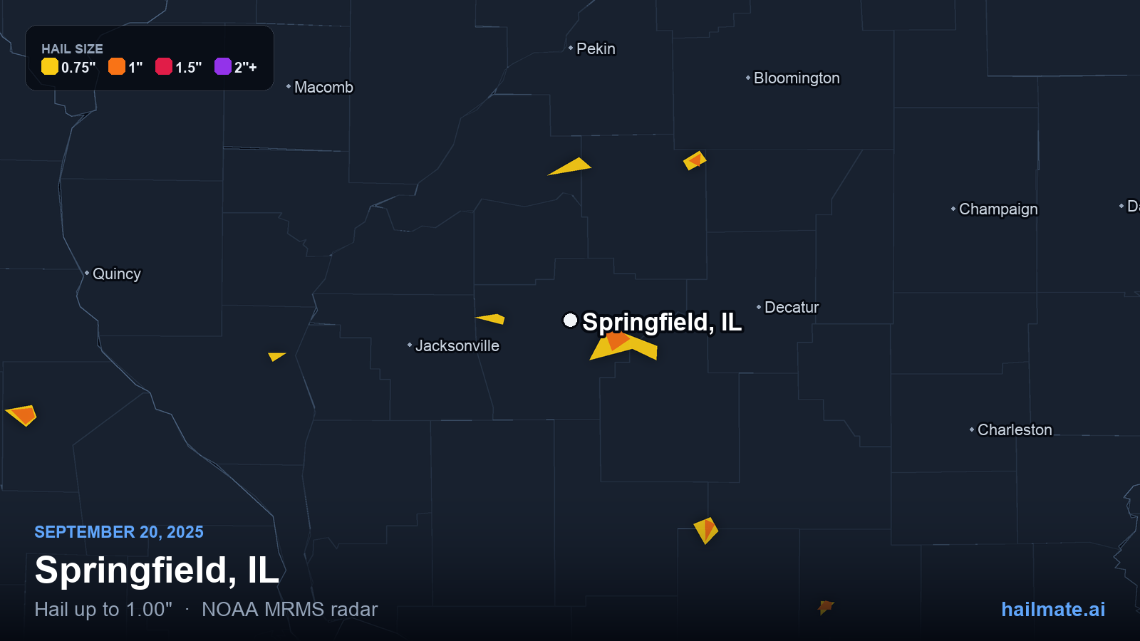 Hail swath map for Springfield, IL on September 20, 2025 showing 1.00 inch hail.