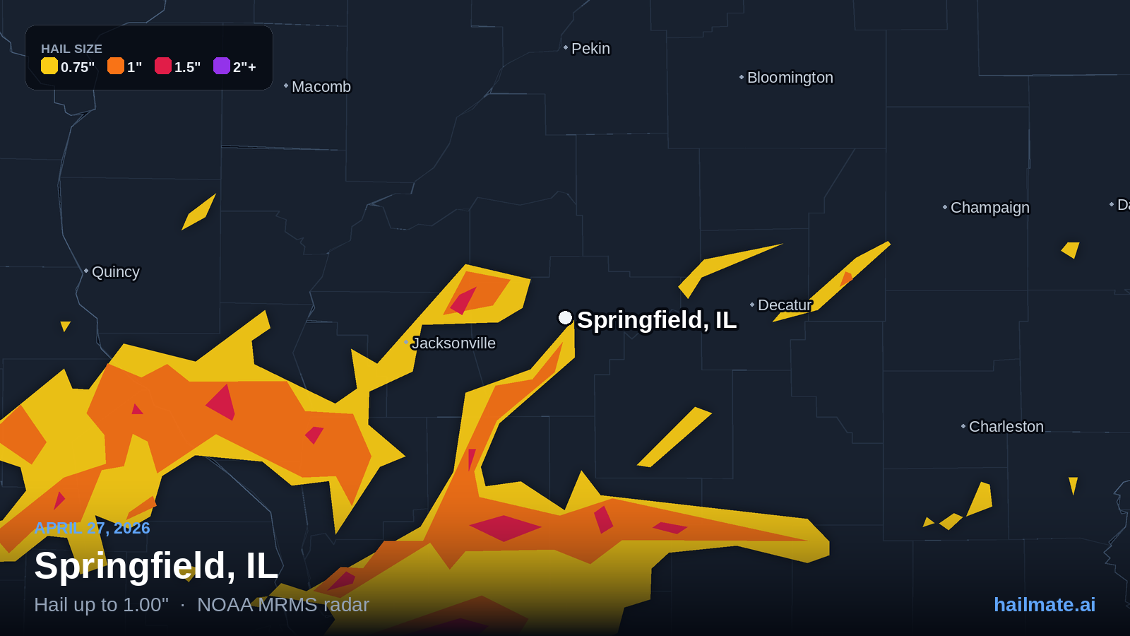 Hail swath map for Springfield, IL on April 27, 2026 showing 1.00 inch hail.