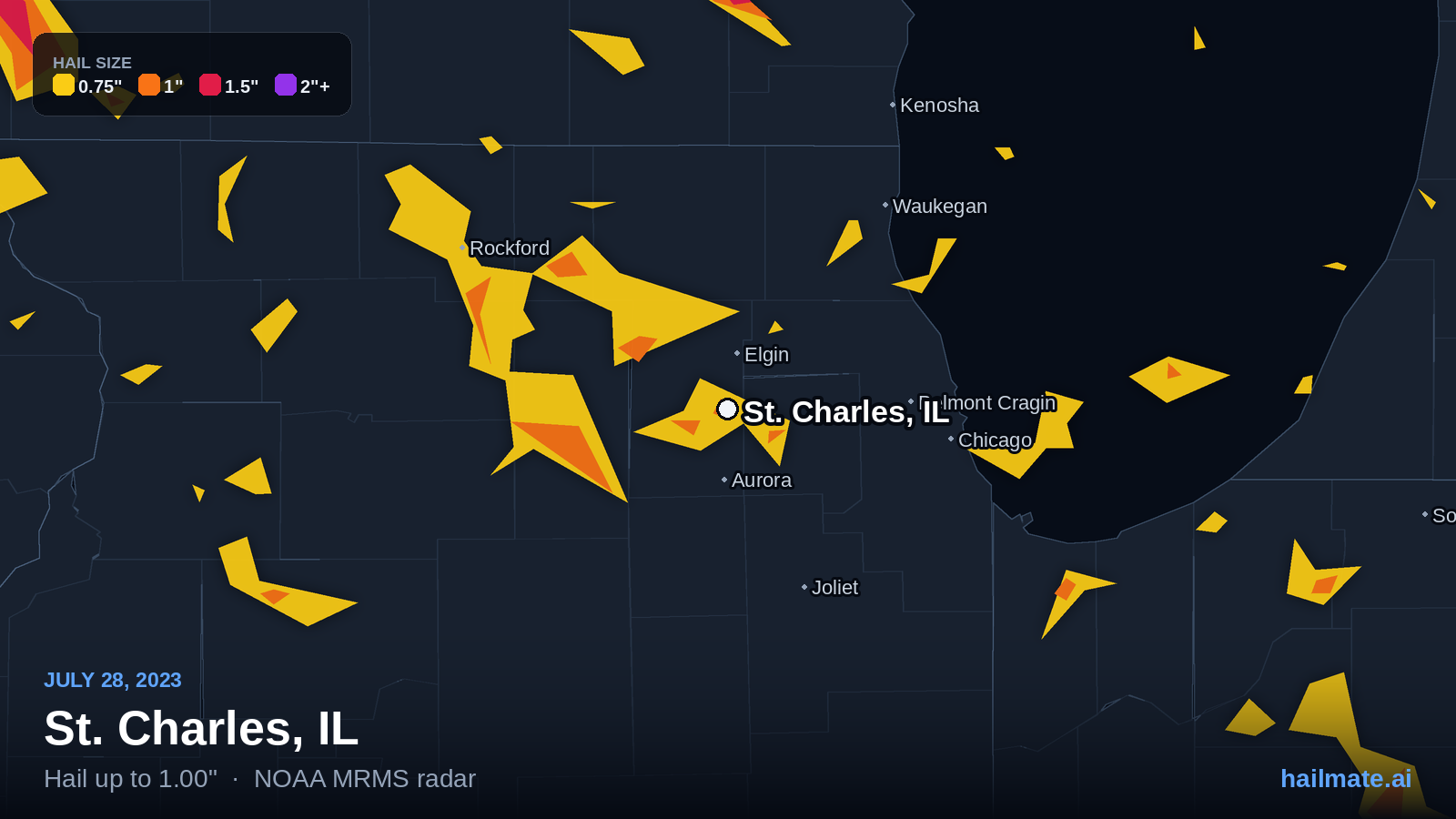 Hail swath map for St. Charles, IL on July 28, 2023 showing 1.00 inch hail.