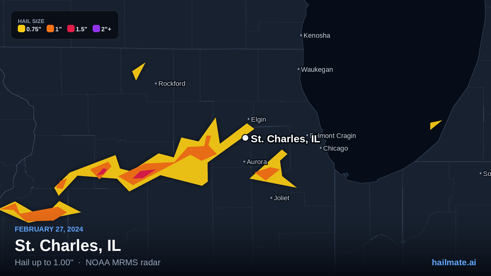 Hail swath map for St. Charles, IL on February 27, 2024 showing 1.00 inch hail.