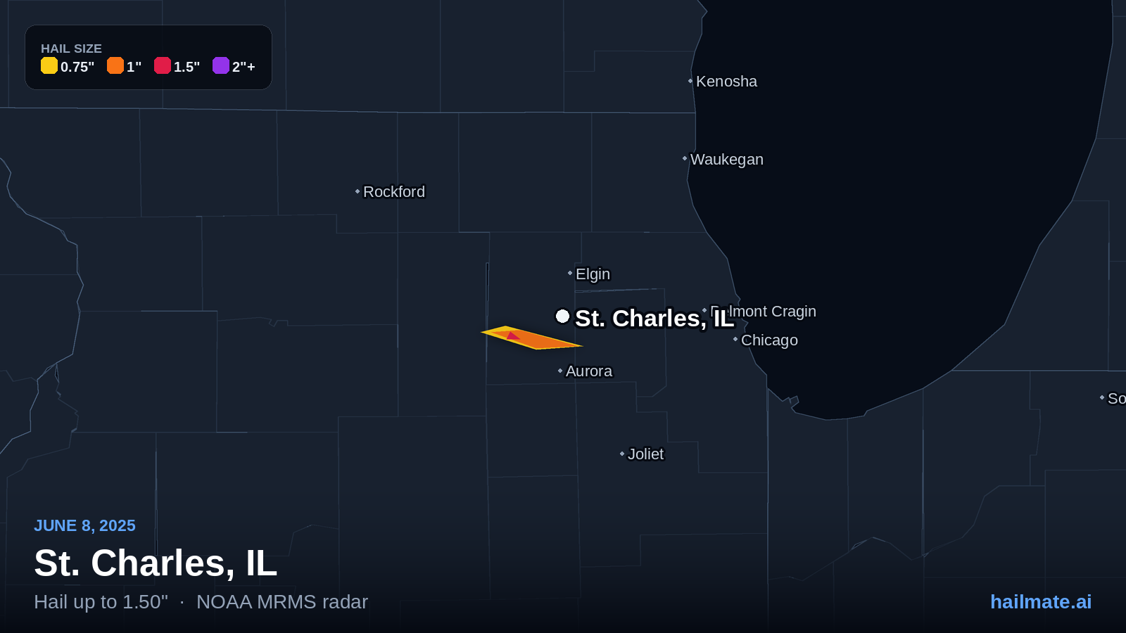Hail swath map for St. Charles, IL on June 8, 2025 showing 1.50 inch hail.