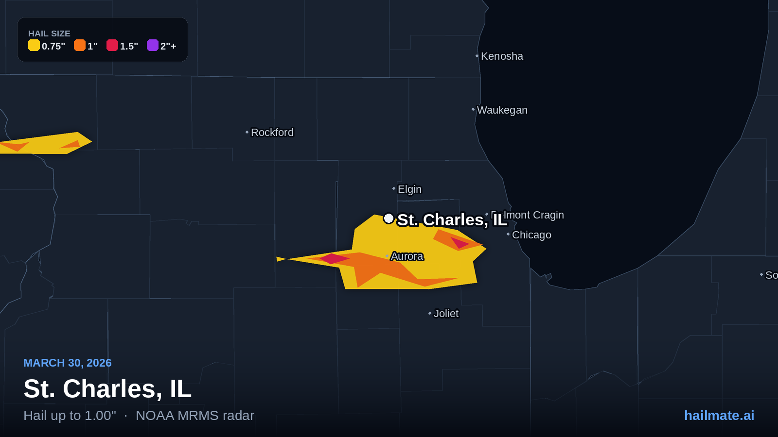 Hail swath map for St. Charles, IL on March 30, 2026 showing 1.00 inch hail.