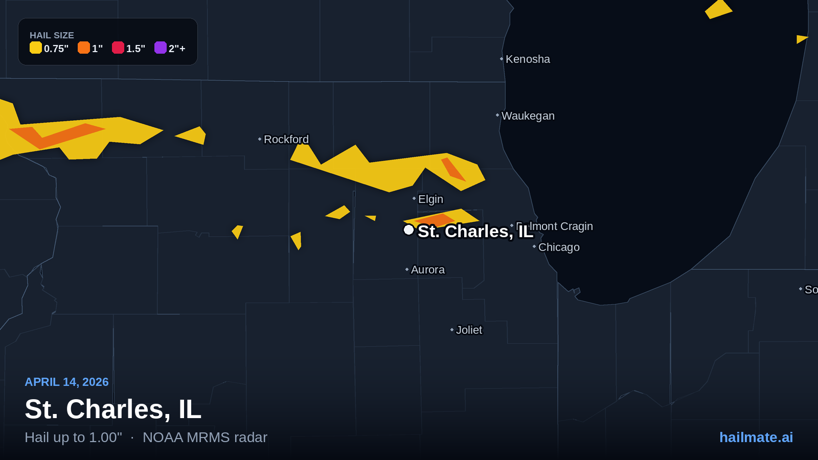 Hail swath map for St. Charles, IL on April 14, 2026 showing 1.00 inch hail.