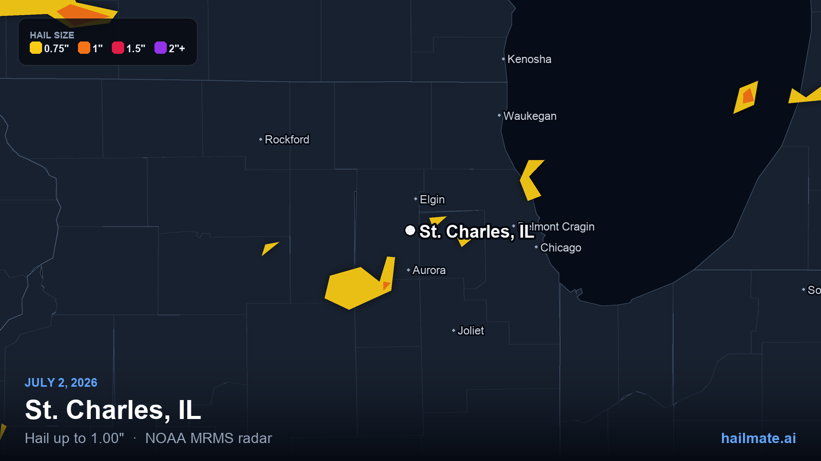 Hail swath map for St. Charles, IL on July 2, 2026 showing 1.00 inch hail.