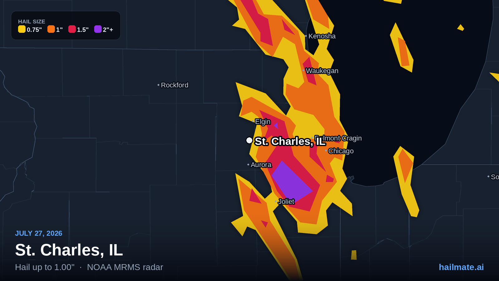 Hail swath map for St. Charles, IL on July 27, 2026 showing 1.00 inch hail.