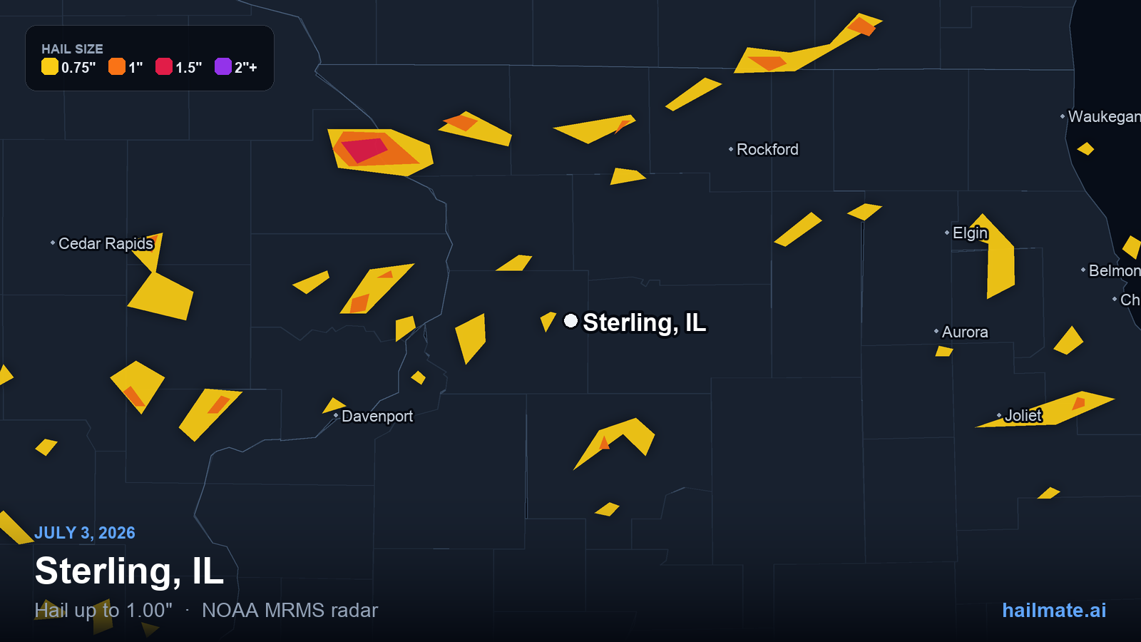 Hail swath map for Sterling, IL on July 3, 2026 showing 1.00 inch hail.