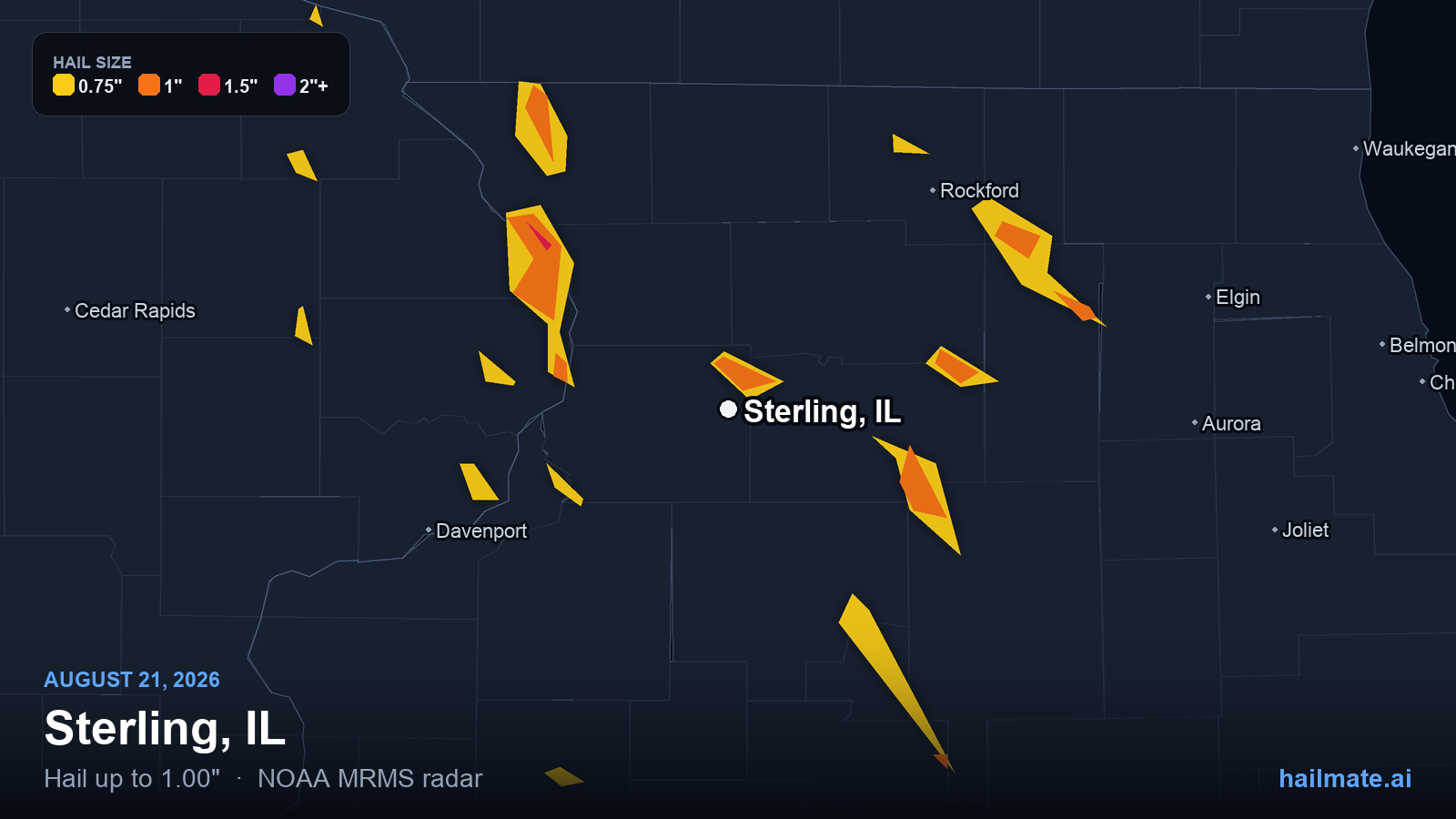 Hail swath map for Sterling, IL on August 21, 2026 showing 1.00 inch hail.