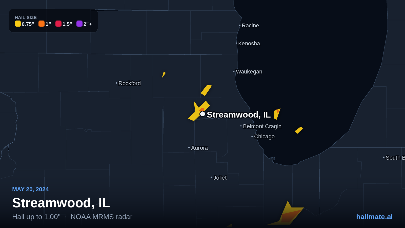 Hail swath map for Streamwood, IL on May 20, 2024 showing 1.00 inch hail.